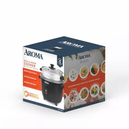 Aroma 6 Cup Rice Cooker with Outer Steam Tray Black