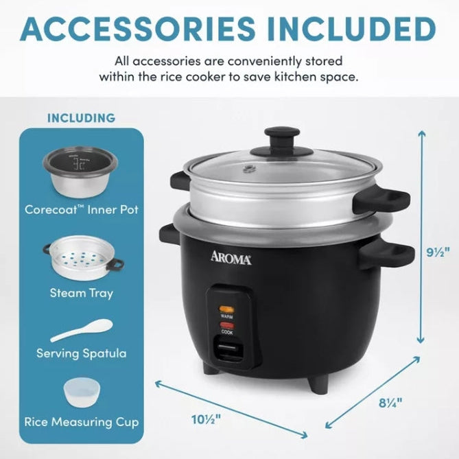Aroma 6 Cup Rice Cooker with Outer Steam Tray Black