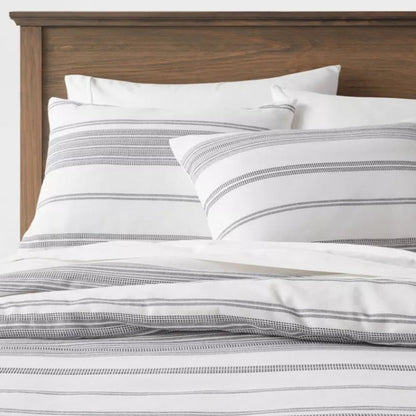 King Cotton Woven Stripe Duvet Cover & Sham Set White/Navy - Threshold