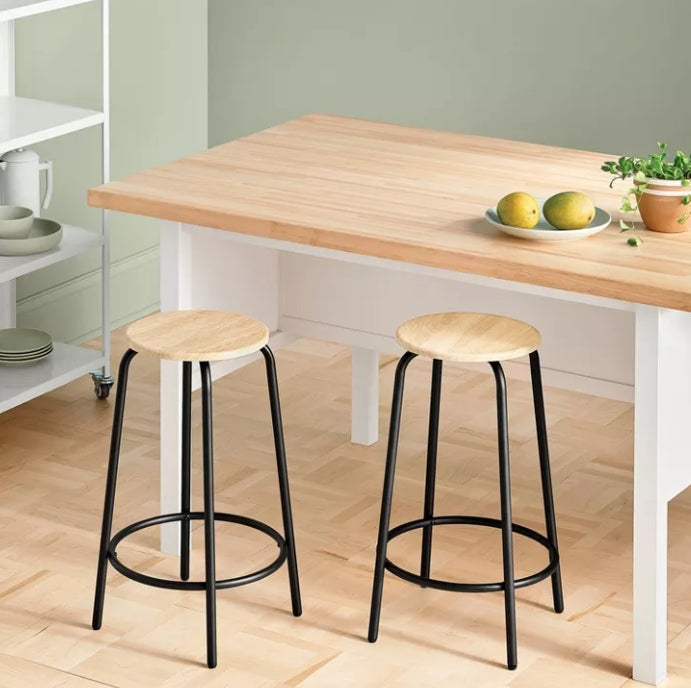 Set of 2 24" Wood and Metal Base Backless Counter Height Barstool Stool