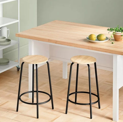 Set of 2 24" Wood and Metal Base Backless Counter Height Barstool Stool