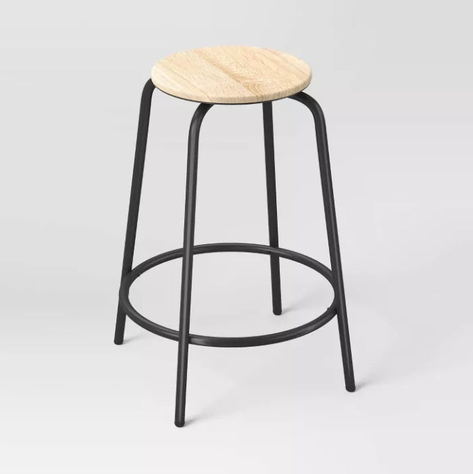 Set of 2 24" Wood and Metal Base Backless Counter Height Barstool Stool