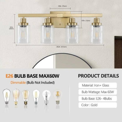 24.2 in. 4 Light Gold Finish Vanity Light with Clear Glass Shade (No Bulbs)