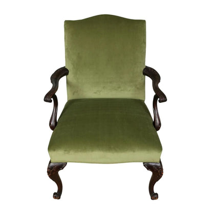 Chippendale Style Arm Chair With Newly Upholstered Green Velvet