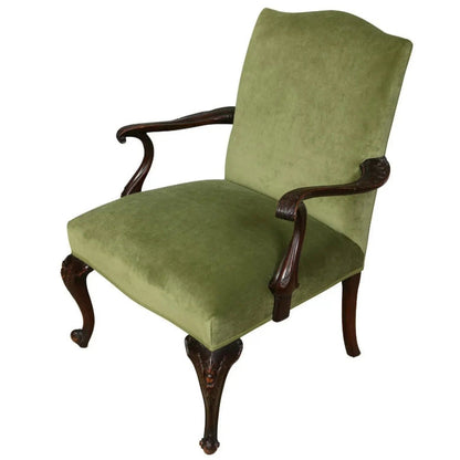 Chippendale Style Arm Chair With Newly Upholstered Green Velvet