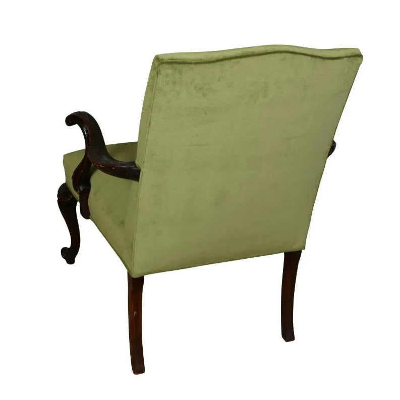 Chippendale Style Arm Chair With Newly Upholstered Green Velvet