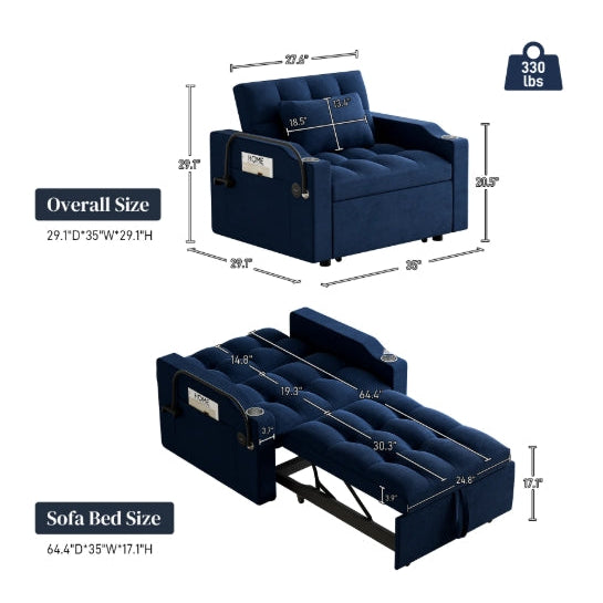 Wiilayok 3 in 1 Single Sleeper Sofa Chair