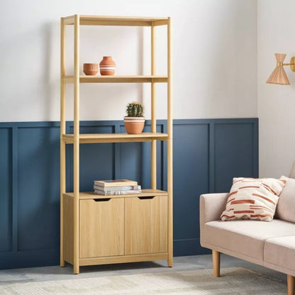 (New) 72.25" Scandi Bookcase with Three Shelves And Cabinet Storage Natural