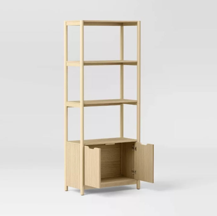 (New) 72.25" Scandi Bookcase with Three Shelves And Cabinet Storage Natural