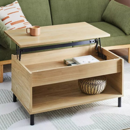 (New) Mixed Materials Wood and Metal Lift top Coffee Table with Storage Natural Wood