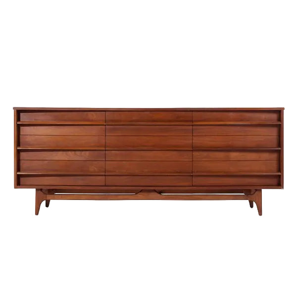 Young Manufacturing Mid Century Walnut Curved Lowboy 9 Drawer Dresser