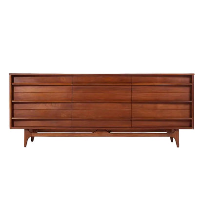 Young Manufacturing Mid Century Walnut Curved Lowboy 9 Drawer Dresser