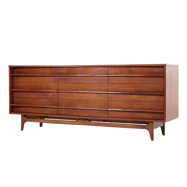 Young Manufacturing Mid Century Walnut Curved Lowboy 9 Drawer Dresser