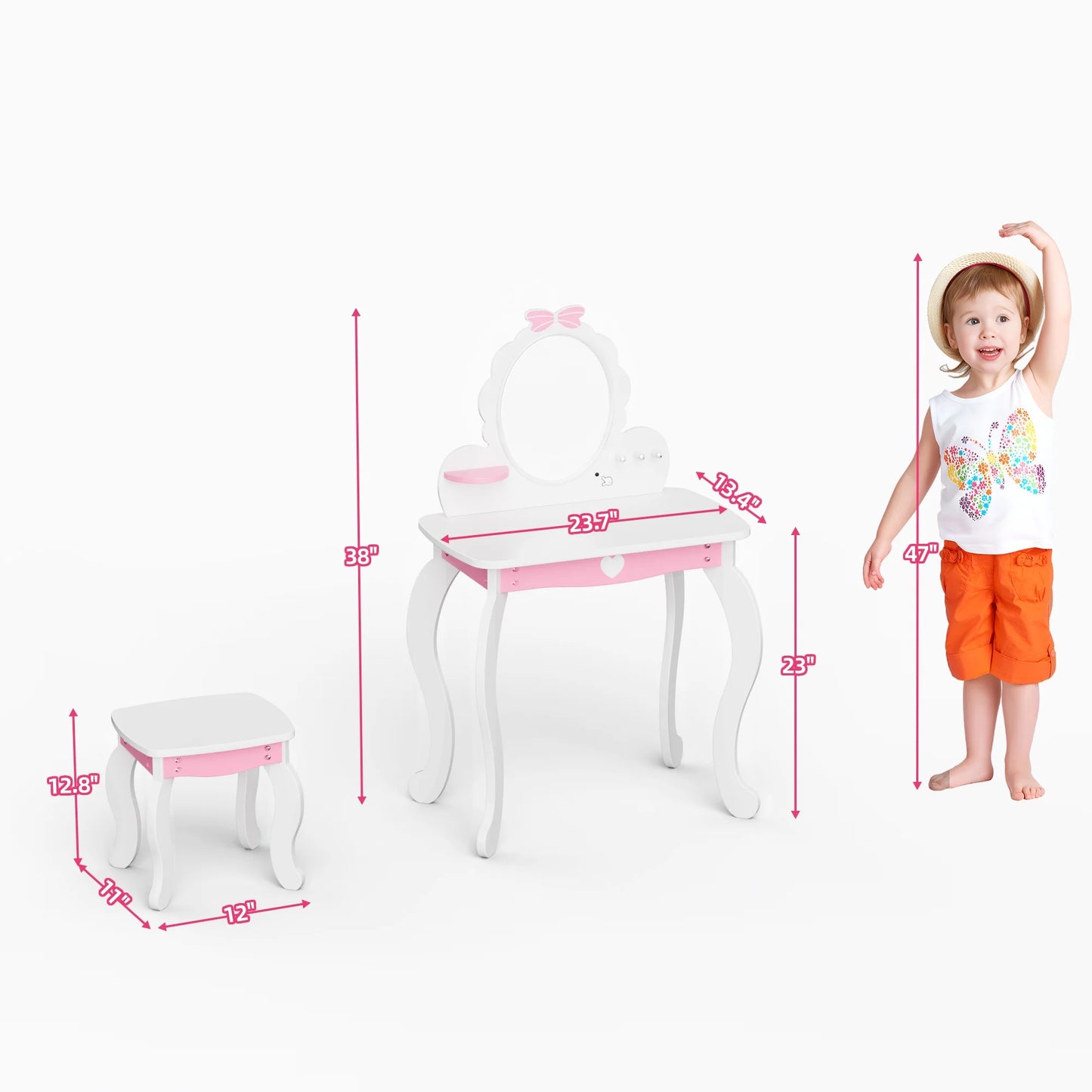 (New) Joywind Kids Princess Vanity, Mirror and Stool Table Set White Bow