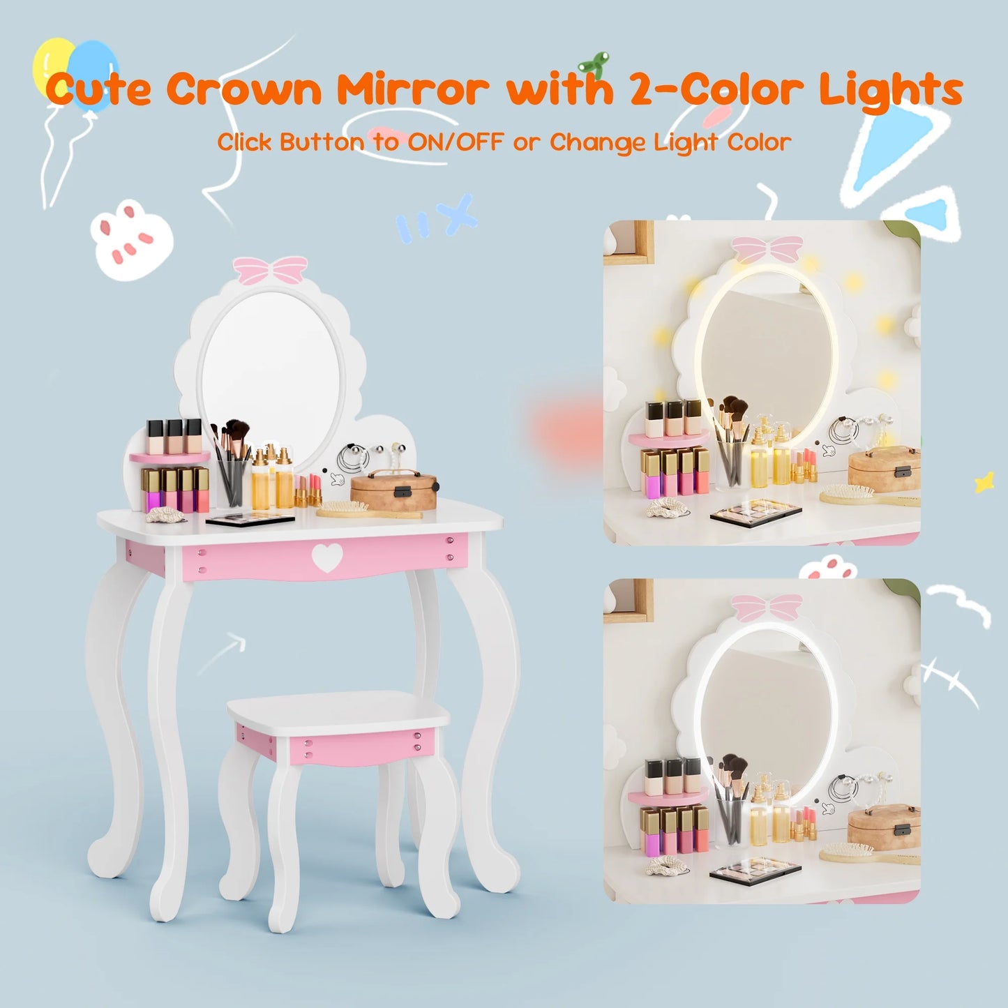 (New) Joywind Kids Princess Vanity, Mirror and Stool Table Set White Bow