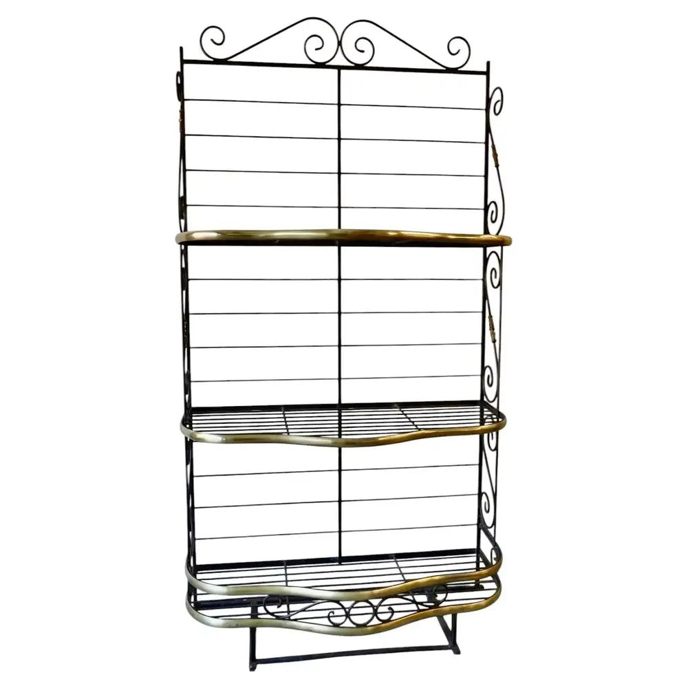 Vintage French Bakers Rack 3 Tier Scrolling Wrought Iron and Brass Etagere