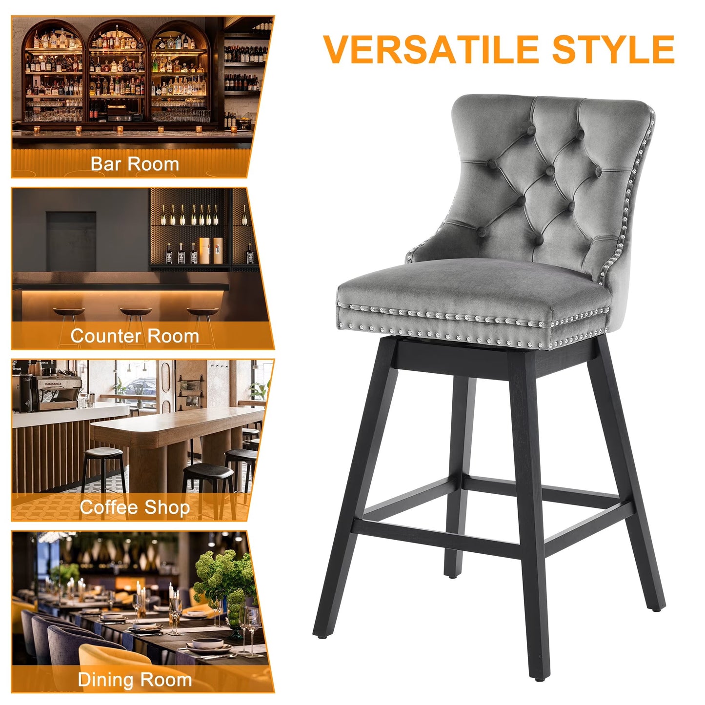 (New) 26 in. Gray Velvet Upholstered Counter Height Bar Swivel Stool
