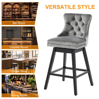 (New) 26 in. Gray Velvet Upholstered Counter Height Bar Swivel Stool