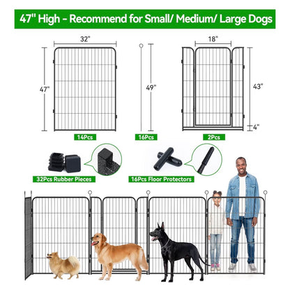 Dog Playpen Outdoor Extra Wide 16 Panel Heavy Duty Dog Fence 47 Inches Anti-Rust Coating Strengthened Dog Fence with Doors Portable for RV Camping Yard, Total 42 Ft., 140 Sq. Ft. (Black) (New in Box)