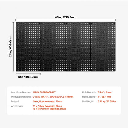 Vevor Metal Pegboard Panels, 24 Inch X 12 Inch Pegboard, 4 Panels, Heavy Duty Steel Peg Board Wall Organizer, for Living Room, Garage, Tool Storage Workbench, Office Organization Craft Room, Kitchen (Black) (New in Box)