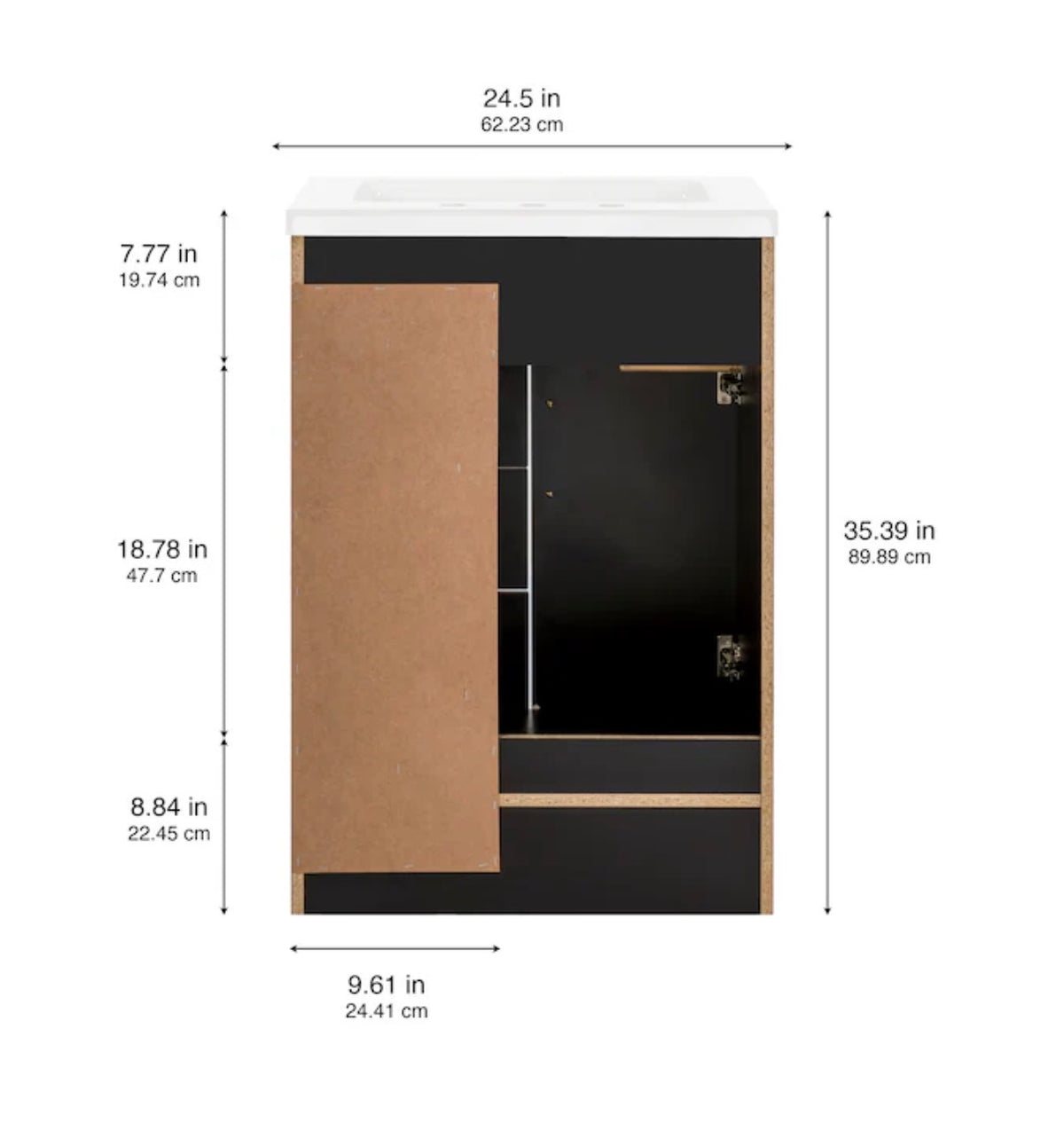 Cauley 24 Inch Black Single Sink Bathroom Vanity with White Cultured Marble Top (Fully Assembled; New in Box)
