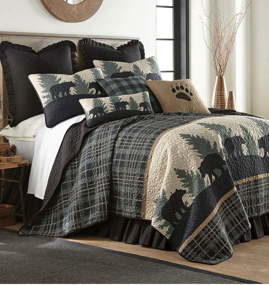 Black Forest Decor Timberland Plaid Bear Quilt - King -Machine Washable 110 inch W X 96 inch L