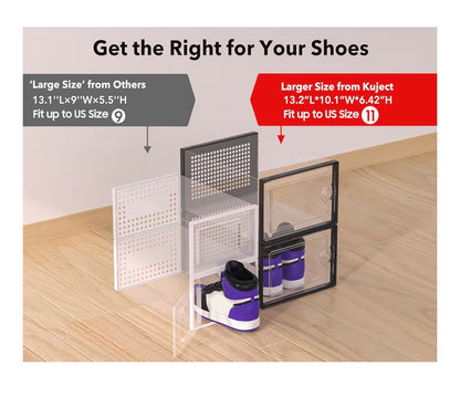 X-Large Shoe Storage Boxes Organizers Clear Plastic Stackable 12 Pack, Shoe Rack & Holder Substitute, Sneaker Containers, Toy Storage Organizer Bins for Entryway, Closet, and Under Bed (Black)