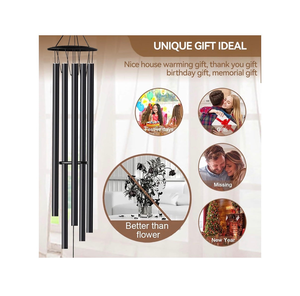 68 Inch Large Wind Chimes for Home Garden Decor, Deep Tone Wind Chines (Black) (New in Box)