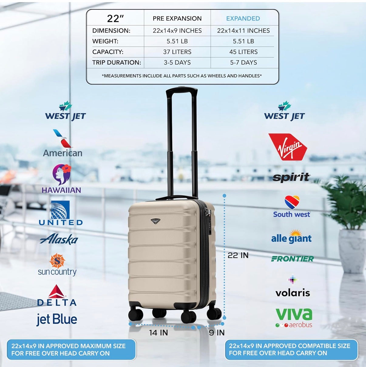 Flight Knight- Champagne 22 X 14 X 9 Expandable Carry on Suitcase