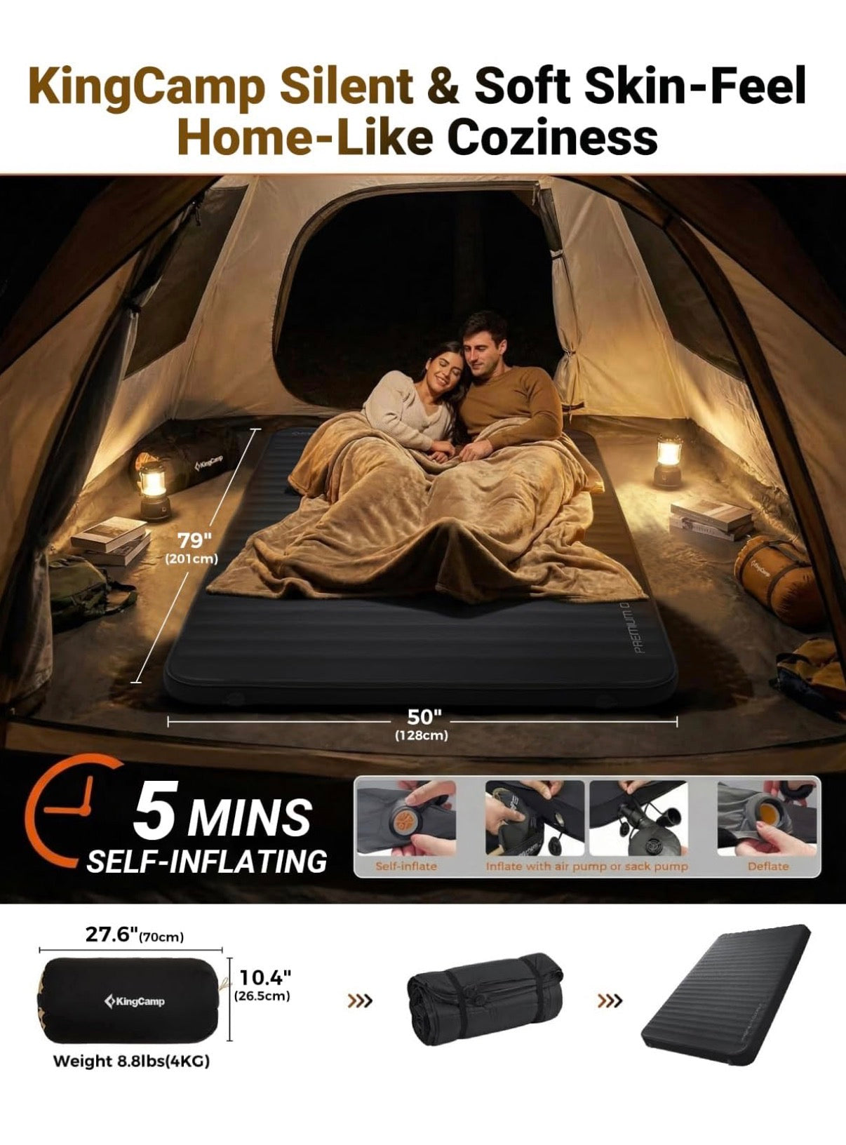 KingCamp Premium Double Self Inflating Sleeping Pad, 7.5 R-Value Air & Foam Camping Mattress 2 Person, 3 Inch thick Double Size Insulated Sleeping Pad with Pump Sack for Car Camp Tent, PVC Free (Black) (New in Package)
