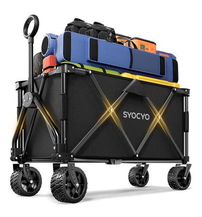 Syocyo Wagon Cart Foldable 420lbs Weight Capacity Collapsible Wagon with Big All Terrain Wheels, Heavy Duty Beach Wagon with Cup Holders for Camping, Gardening, Sports, or Groceries