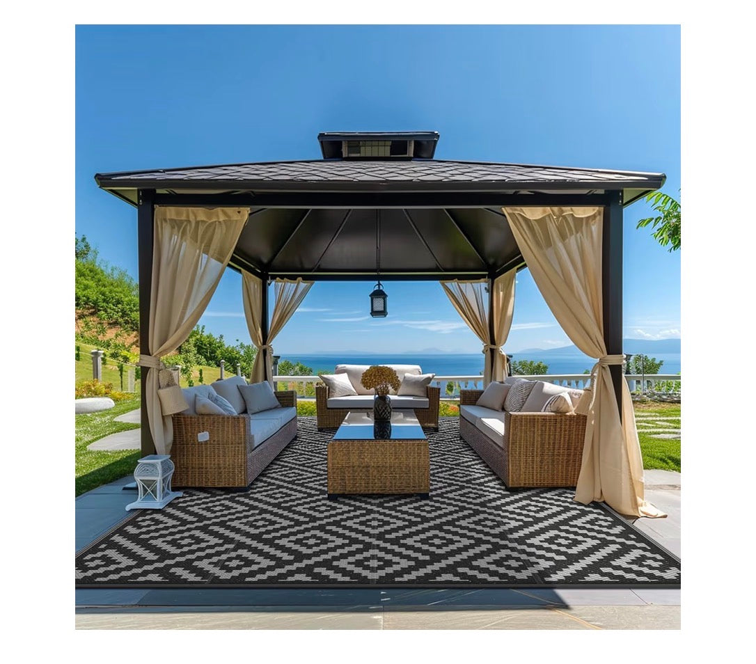 GENIMO Outdoor Rug, Waterproof Plastic Rugs 10 Ft. X 20 Ft. for Camping (Black/Gray) (New in Package)