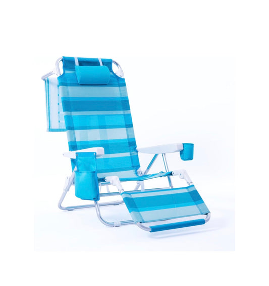 Beach Chair with Footrest High Back 5 Positions Lay Flat Reclining Beach Lounge Chair with Backpack Strap, Cooler Bag & Cup Holder for Outdoor Camping or Lawn (Green and Blue Stripes) (New in Box)