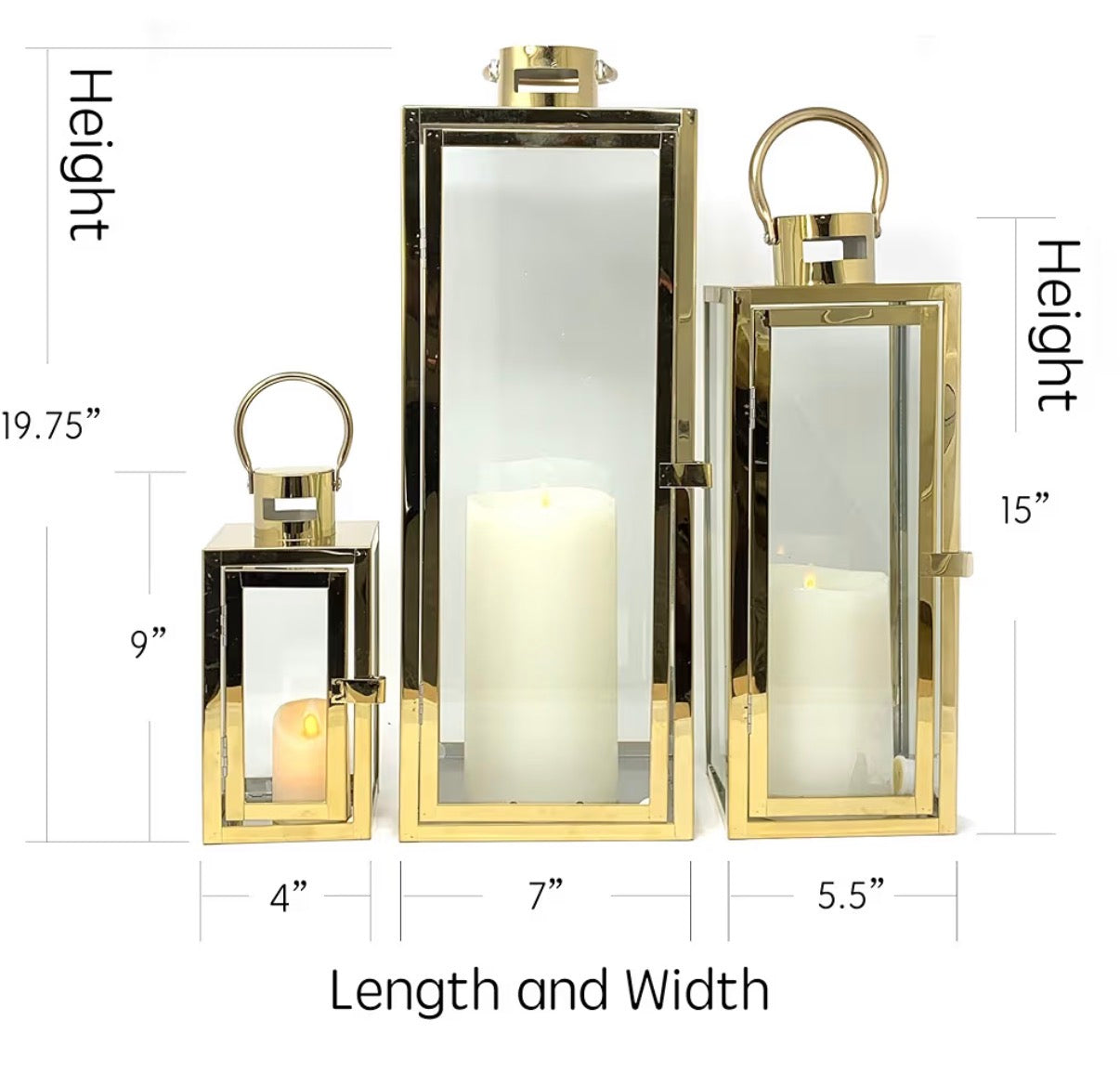 Allgala 3 Piece Lantern Set 23 Inch Jumbo Deluxe Modern Indoor/Outdoor Candle Lantern Set Stainless Steel Frame Tempered Glass Rectangular Gold Color for Garden Poolside, Fireplace, Wedding (New in Box)