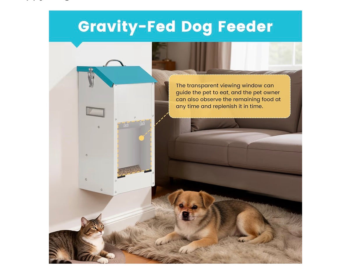 Automatic Dog Feeder Large Breed Outdoor & Indoor Galanized Dog Food Dispenser 15lbs Wall Mountable Gravity Pet FoodStation Auto Feeder Self Feeding with Clear Door for Puppy, Dog, Cat (New in Box)