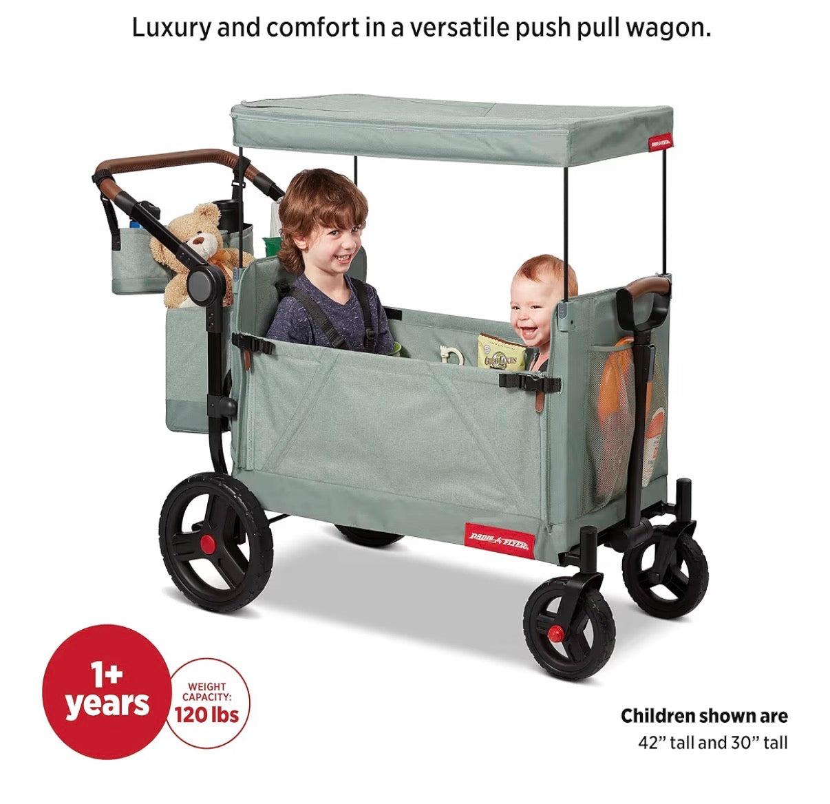Radio Flyer Atlas Stroll 'N Wagon, for Ages 1+ 3-in-1 Push or Pull Versatility, One Hand Fold, UV Canopy, 5-Point Harnesses, Rubber Wheels, Storage Capabilities (Sage Green) (New in Box)