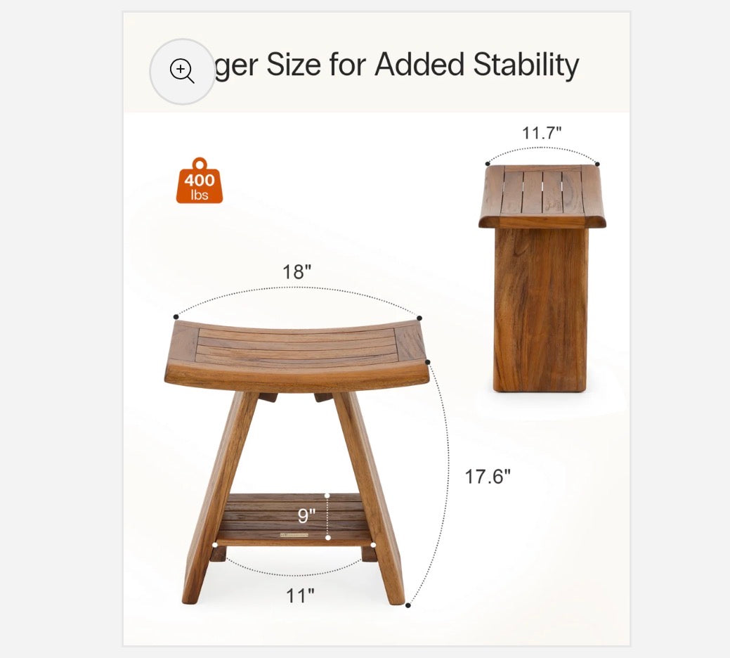 Teak Shower Stool with Shelf (New in Box)