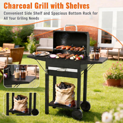 Charcoal BBQ Grill - Black with 2 side tables, charcoal tray, thermometer for backyard outdoor cooking