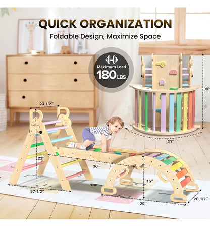 Pikler Triangle Set with Safe Handle, Climbing Toy for 1-3 Years Patented Safety Design, Foldable 7-in-1 with Wooden Car, standard Size (Rainbow) (New in Box)