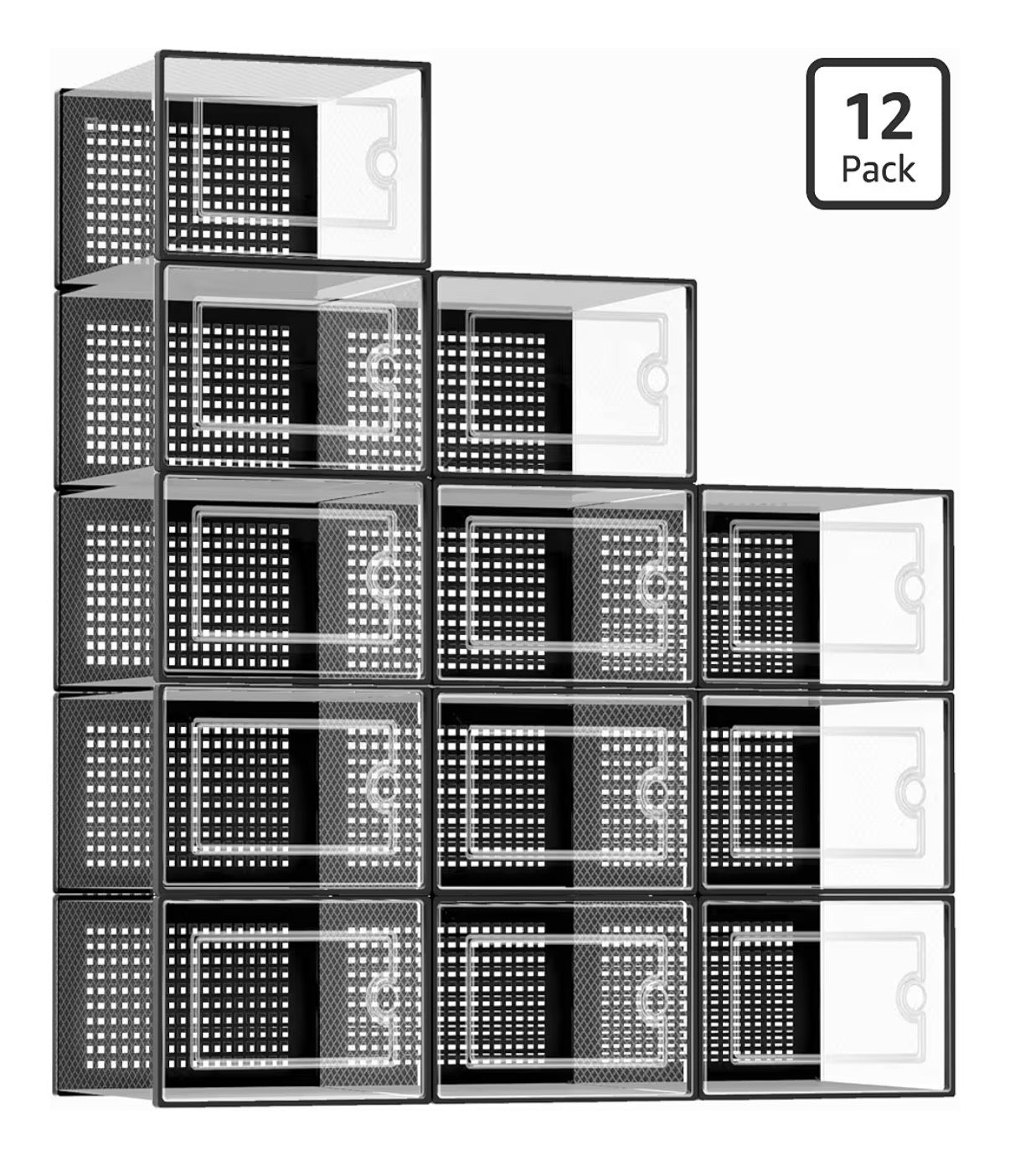 X-Large Shoe Storage Boxes Organizers Clear Plastic Stackable 12 Pack, Shoe Rack & Holder Substitute, Sneaker Containers, Toy Storage Organizer Bins for Entryway, Closet, and Under Bed (Black)
