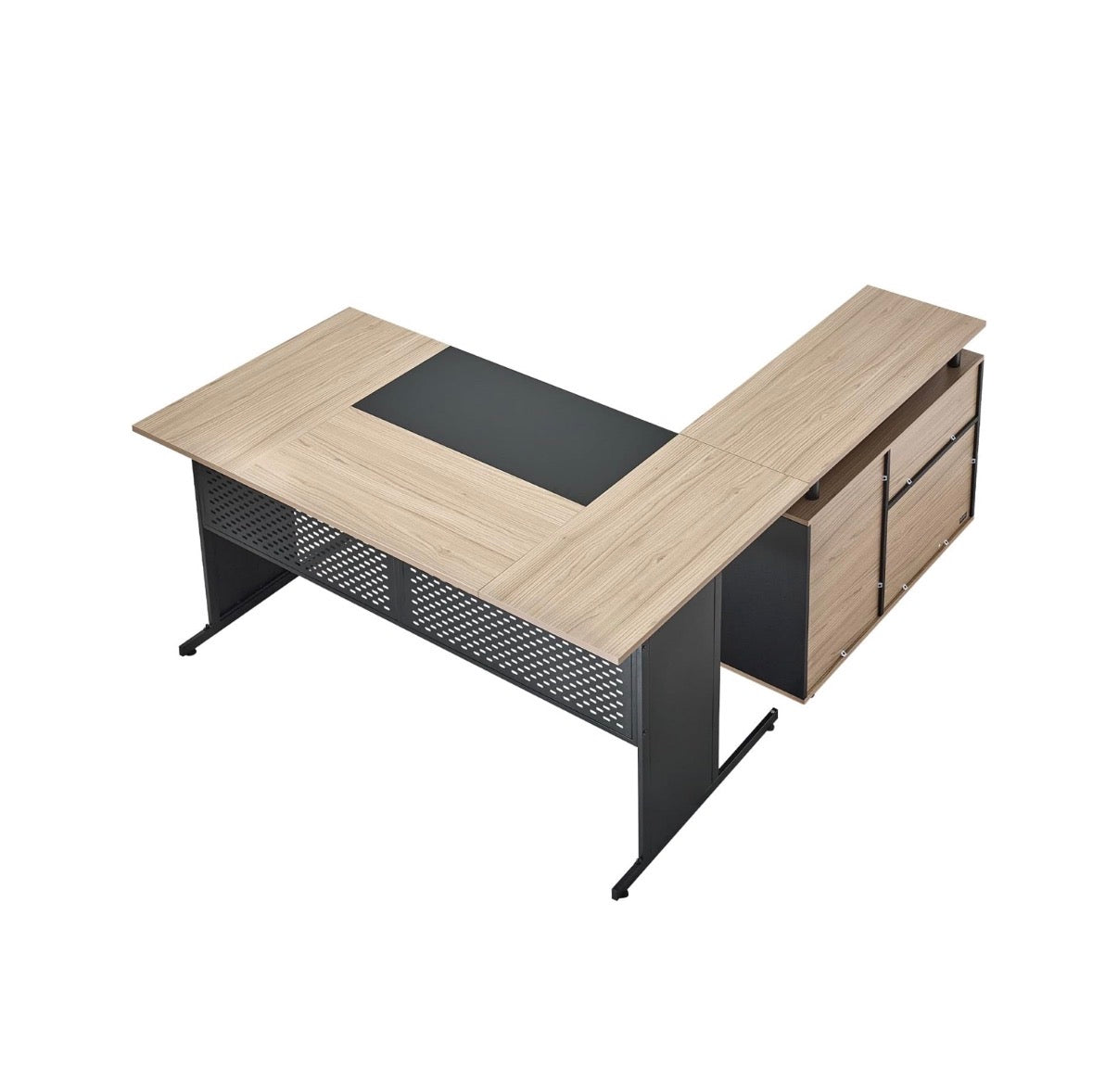 63 Inch L-Shaped Executive Desk, Large Office Desk with Drawers, File Storage Cabinet, Detachable 350lbs Load Capacity Corner Table, Easy Assembly, Business Furniture, Workstation for Home Office (Tan/Black) (New in Box)