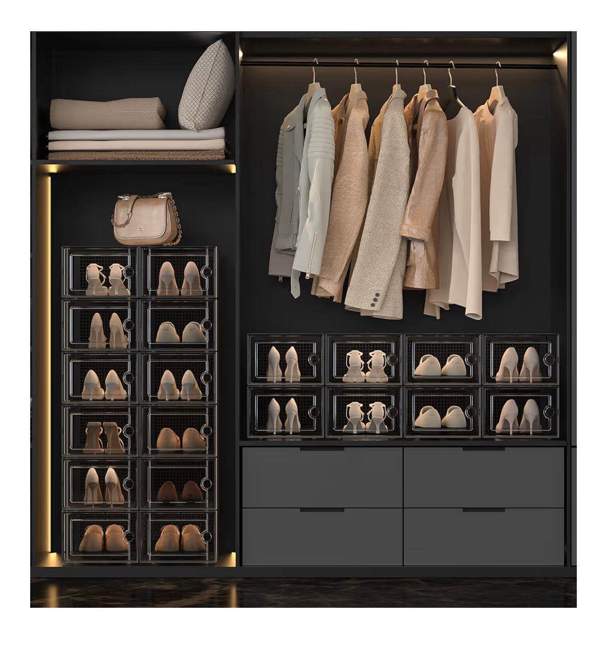 X-Large Shoe Storage Boxes Organizers Clear Plastic Stackable 12 Pack, Shoe Rack & Holder Substitute, Sneaker Containers, Toy Storage Organizer Bins for Entryway, Closet, and Under Bed (Black)