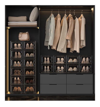 X-Large Shoe Storage Boxes Organizers Clear Plastic Stackable 12 Pack, Shoe Rack & Holder Substitute, Sneaker Containers, Toy Storage Organizer Bins for Entryway, Closet, and Under Bed (Black)