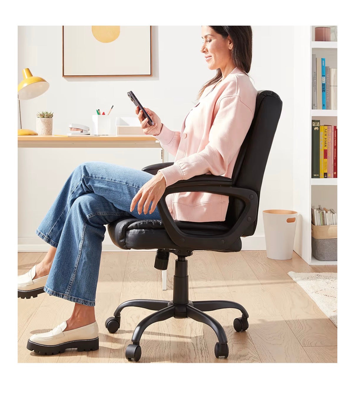 Amazon Basics Classic Puresoft PU Padded Mid-Back Office Desk Chair with Armrest, Easy Assembly, Sturdy Metal Base, Wheels, 275lb Support 26 Inch X 23.75 Inch X 42 Inch (Black) (New in Box)