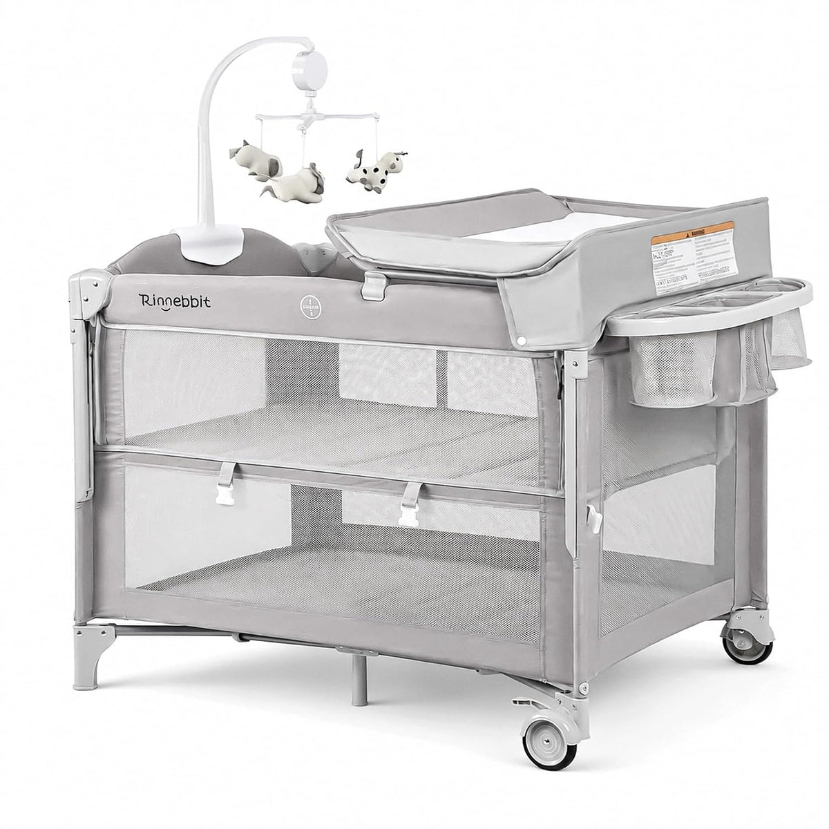 (New) Rinnebbit 4-in-1 Pack and Play, Baby Bassinet Bedside Sleeper, Grey
