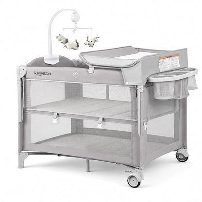 (New) Rinnebbit 4-in-1 Pack and Play, Baby Bassinet Bedside Sleeper, Grey