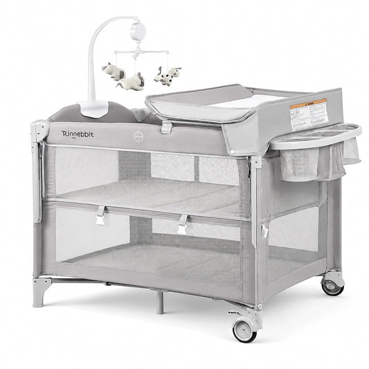 (New) Rinnebbit 4-in-1 Pack and Play, Baby Bassinet Bedside Sleeper, Grey