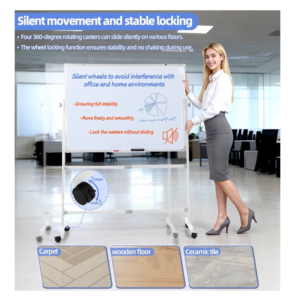 Rolling White Board 28 Inch X 40 Inch, Double Sided Magnetic Easel Whiteboard Height Adjustable 40 Inch - 75 Inch, Mobile Dry Erase Board with Stand, 4 Silent Wheels, 10 Markers, 2 Erasers, 12 Magnets for Office, Classroom (New in Box)