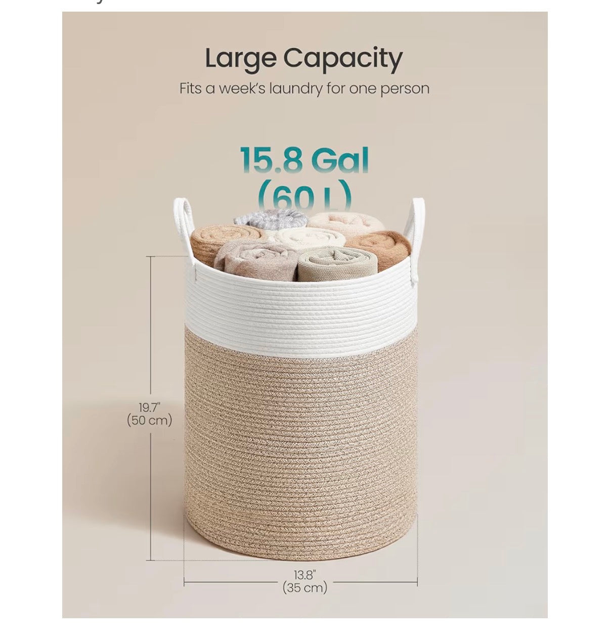 SONGMICS Laundry Hamper, Cotton Rope Laundry Basket with Handles (White/Brown) (New)