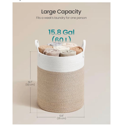 SONGMICS Laundry Hamper, Cotton Rope Laundry Basket with Handles (White/Brown) (New)